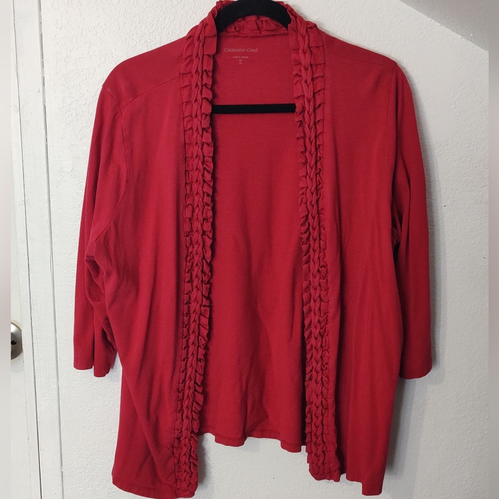 Coldwater Creek Red Ruffle Trim Open Front Cardigan Size XL 16